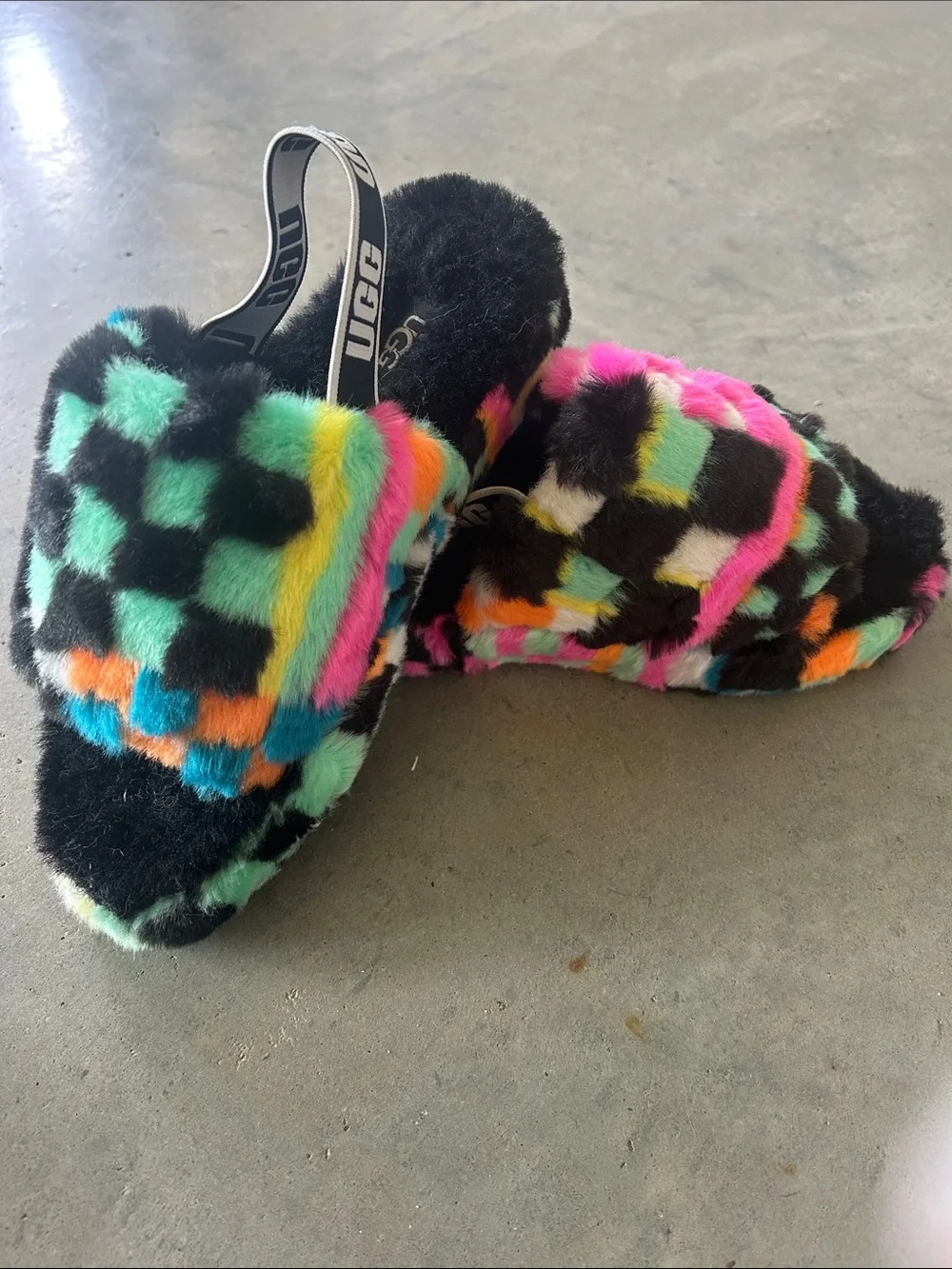 UGG Black Multicolor Checkered Fluff Slides